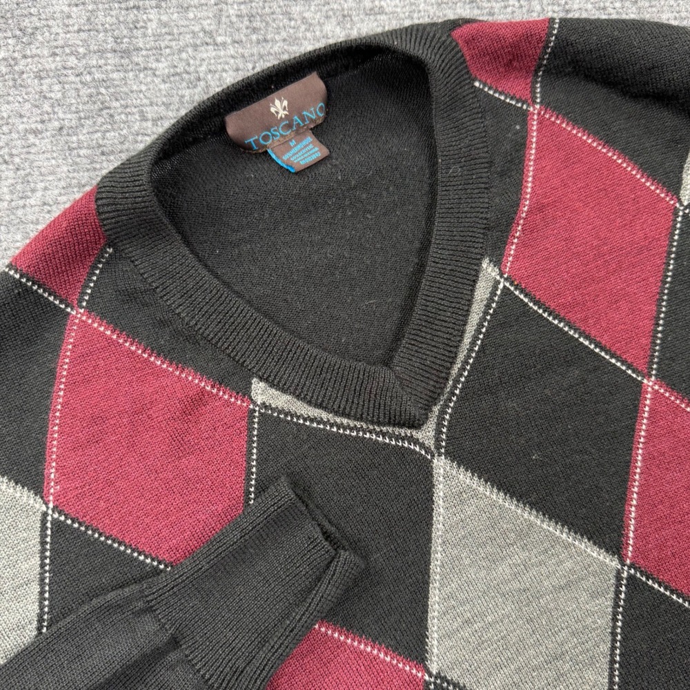 Toscano Sweater‎ Size Medium Black Argyle Merino Wool V-Neck Men's